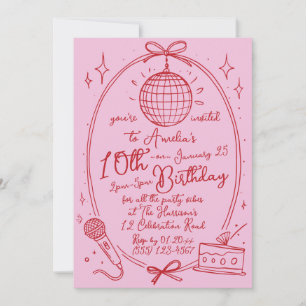 Invitación Chica Cumpleaños Karaoke Rosa Fiesta Retro Disco