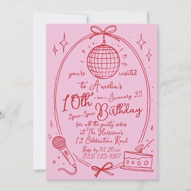 Invitación Chica Cumpleaños Karaoke Rosa Fiesta Retro Disco (Anverso)