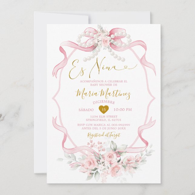 Invitación Chica Cumpleaños Perlas Rosa Spanish (Anverso)