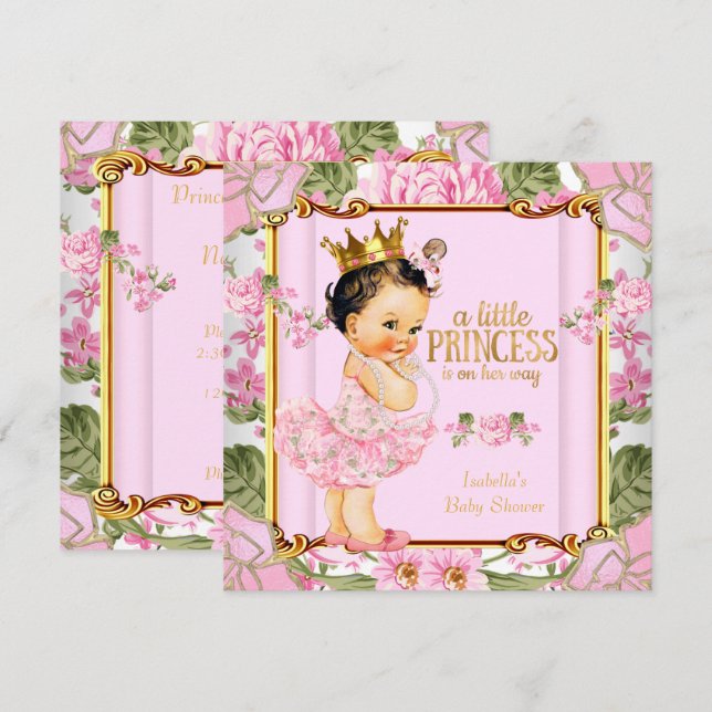 Invitación Chica Cumpleaños Princesa Rosa Floral Moreno (Anverso / Reverso)