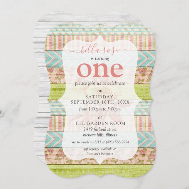 Invitación Chica Cumpleaños Shabby Rosas Cottage Rustic Wood (Anverso / Reverso)