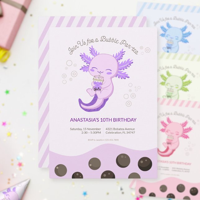 Invitación Chica Cumpleaños Té de Burbujas de Ajolote Púrpura (Subido por el creador)