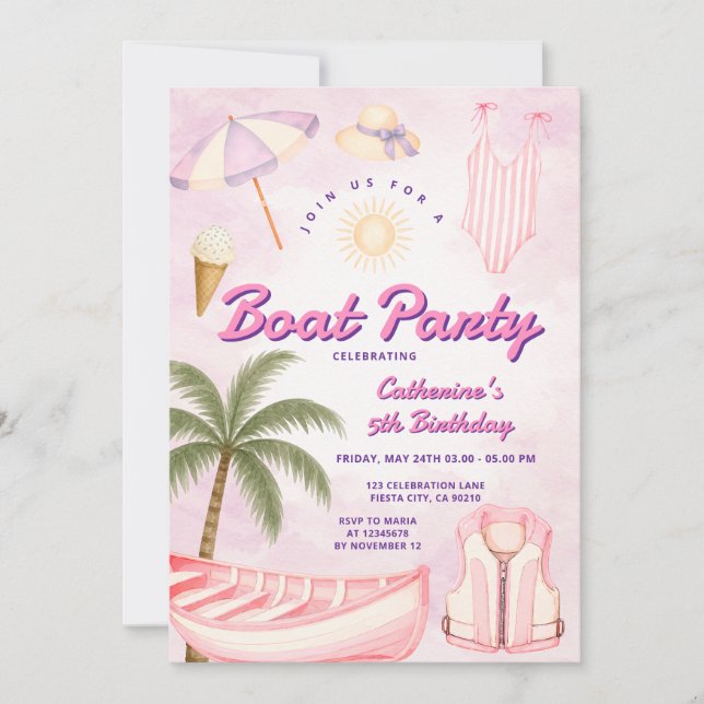 Invitación Chica Cumpleaños Temático de Barco de Verano con P (Anverso)