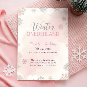 Invitación Chica Cumpleaños Uno Copo de Nieve Plateado Rosa d