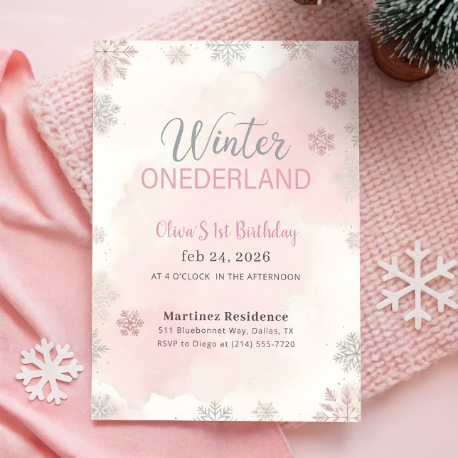 Invitación Chica Cumpleaños Uno Copo de Nieve Plateado Rosa d (Subido por el creador)