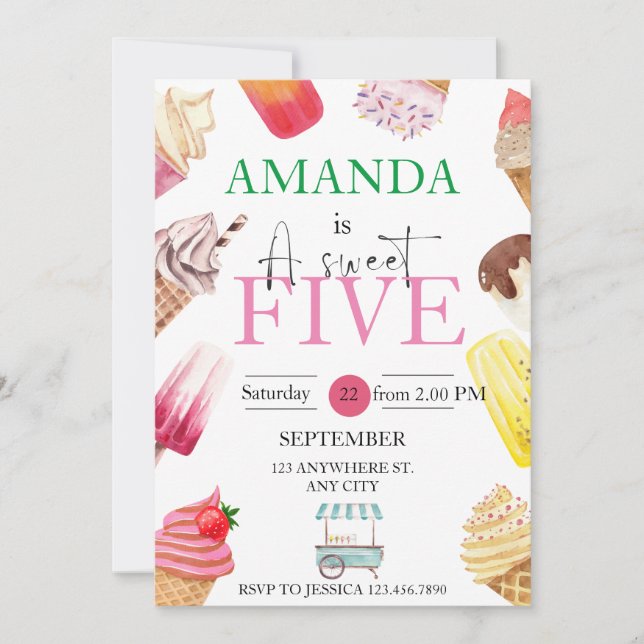 Invitación Chica Cumpleaños Verano Polvo Helado Crema (Anverso)