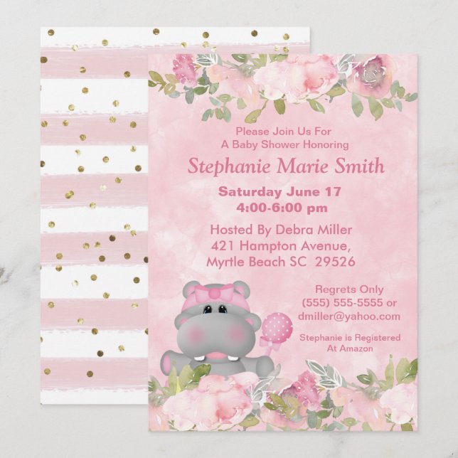Invitación Chica cutáneo Hippo Pink Floral Baby Shower (Anverso / Reverso)