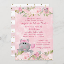 Invitación Chica cutáneo Hippo Pink Floral Baby Shower