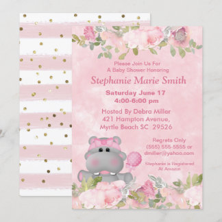 Invitación Chica cutáneo Hippo Pink Floral Baby Shower