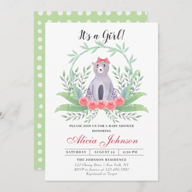 Invitación Chica Cute Baby Bear Baby Shower (Anverso / Reverso)