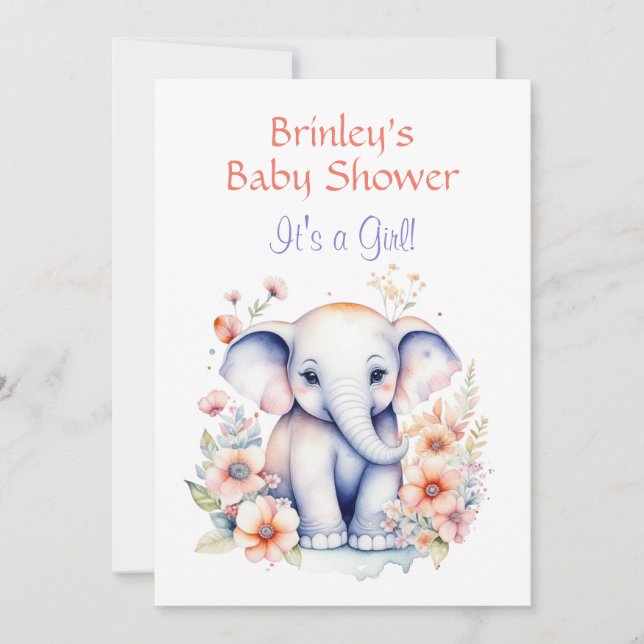 Invitación Chica Cute Baby Elephant (Anverso)