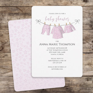 Invitación Chica Cute Bebé Rosa Clothesline Sweet Baby Shower