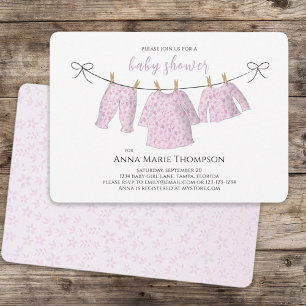 Invitación Chica Cute Bebé Rosa Clothesline Sweet Baby Shower