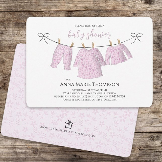 Invitación Chica Cute Bebé Rosa Clothesline Sweet Baby Shower (Subido por el creador)