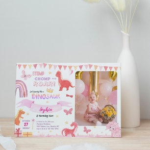 Invitación Chica Cute Dino Rosa Dinosaurios Foto Niños Cumple