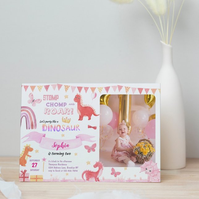 Invitación Chica Cute Dino Rosa Dinosaurios Foto Niños Cumple (Subido por el creador)