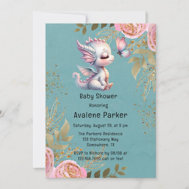 Invitación Chica Cute Dragon y Mariposa Baby Shower (Anverso)
