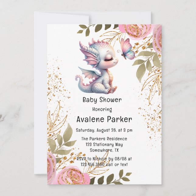Invitación Chica Cute Dragon y Mariposa Baby Shower (Anverso)