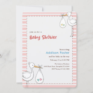 Invitación Chica Cute Dulce Rosa Cigüeña Baby Shower