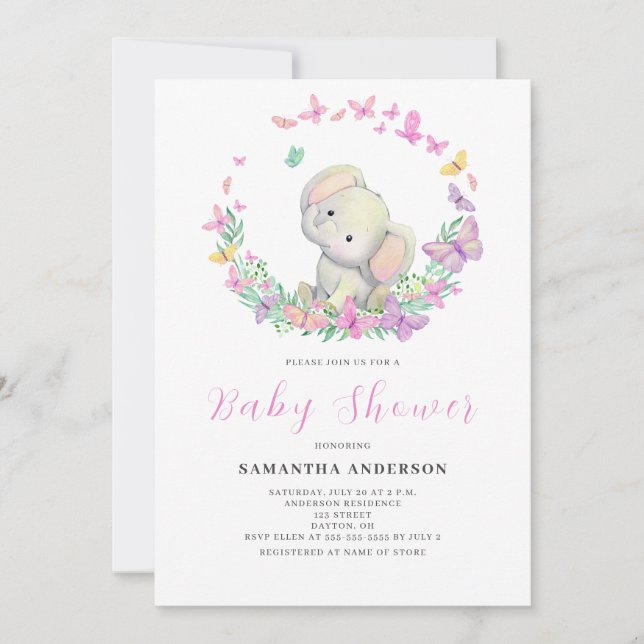 Invitación Chica Cute Elephant Baby Shower (Anverso)