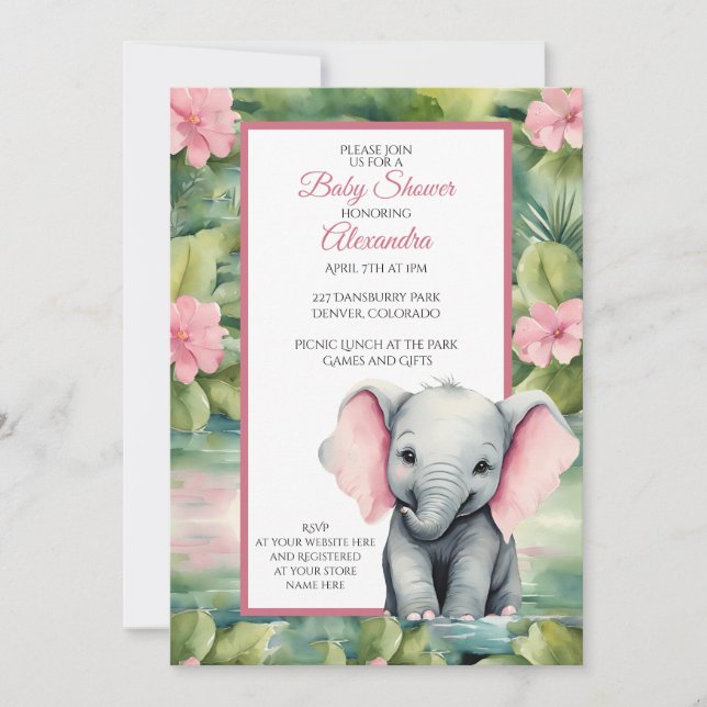 Invitación Chica Cute Elephant Baby Shower (Anverso)