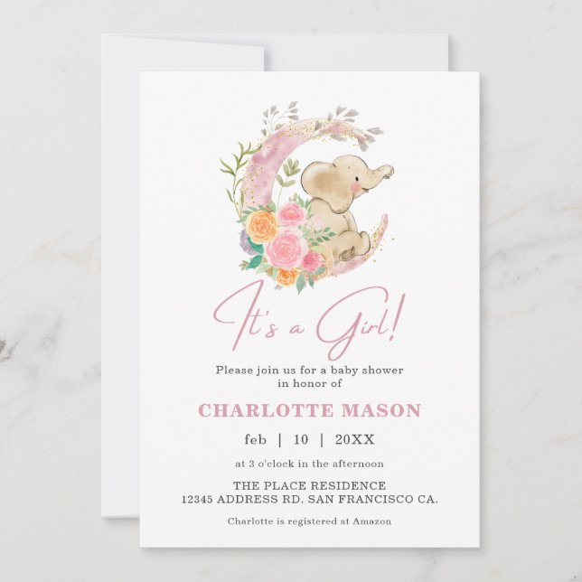 Invitación Chica Cute Elephant Floral Moon Baby Shower (Anverso)