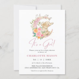 Invitación Chica Cute Elephant Floral Moon Baby Shower