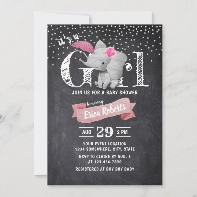 Invitación Chica Cute Elephant Rustic Chalkboard Baby Shower (Anverso)