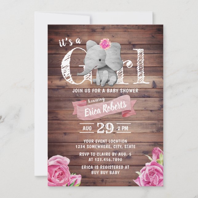 Invitación Chica Cute Elephant Rustic Floral Baby Shower (Anverso)