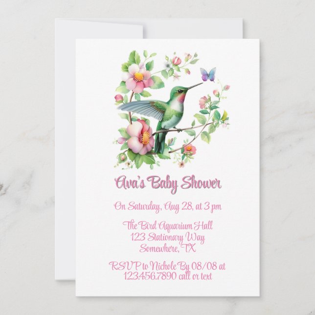 Invitación Chica Cute Hummingbird y Butterfly Baby Shower (Anverso)