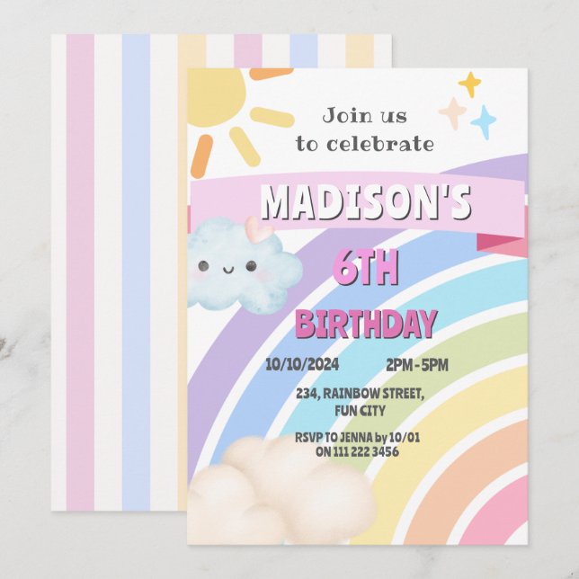 Invitación Chica Cute Kawaii cumpleaños de Rainbow Sun Cloud  (Anverso / Reverso)