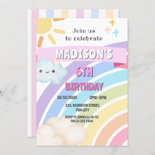 Invitación Chica Cute Kawaii cumpleaños de Rainbow Sun Cloud