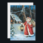 Invitación Chica Cute Lantern Holly Winter Cottage<br><div class="desc">Es hora de celebrar las fiestas. Esta vintage impresión navideña representa a una linda niñita cargando una linterna,  una linterna y un saco de golosinas. Una casita de campo de invierno al fondo.</div>