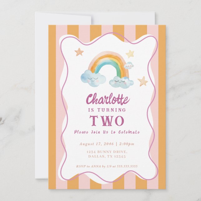 Invitación Chica Cute Morado Acuarela Arcoiris Bebé Cumpleaño (Anverso)