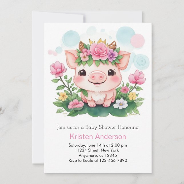Invitación Chica Cute Piggy and Wildflowers Baby Shower (Anverso)