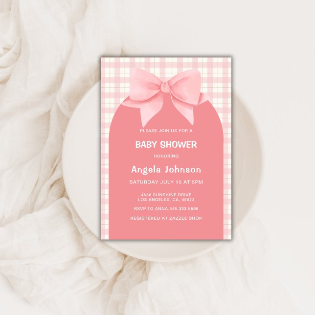 Invitación Chica Cute Pink Gingham Plaid Arch Bow Baby Shower (Cute Pink Gingham Plaid Arch Bow Girl Baby Shower Invitation)