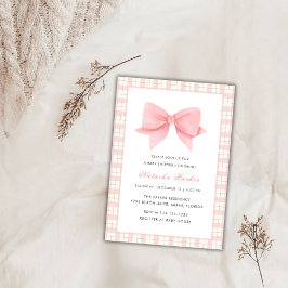 Invitación Chica Cute Pink Gingham Plaid Bow Baby Shower