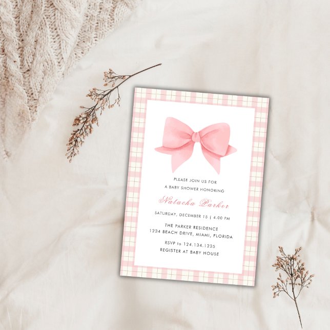 Invitación Chica Cute Pink Gingham Plaid Bow Baby Shower (Cute Pink Gingham Plaid Bow Girl Baby Shower Invitation)