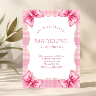 Invitación Chica Cute Pink Plaid & Bow Coquette Cumpleaños
