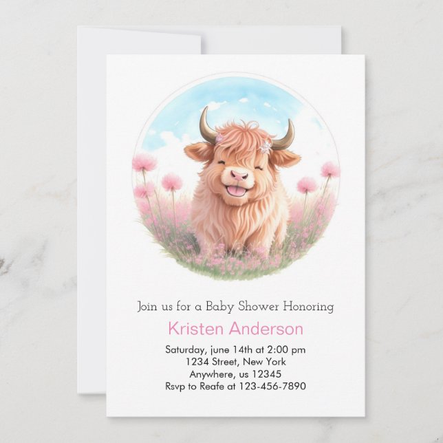 Invitación Chica Cute Pink Wildflower Highland Cow Baby Showe (Anverso)