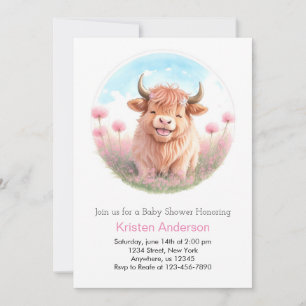 Invitación Chica Cute Pink Wildflower Highland Cow Baby Showe