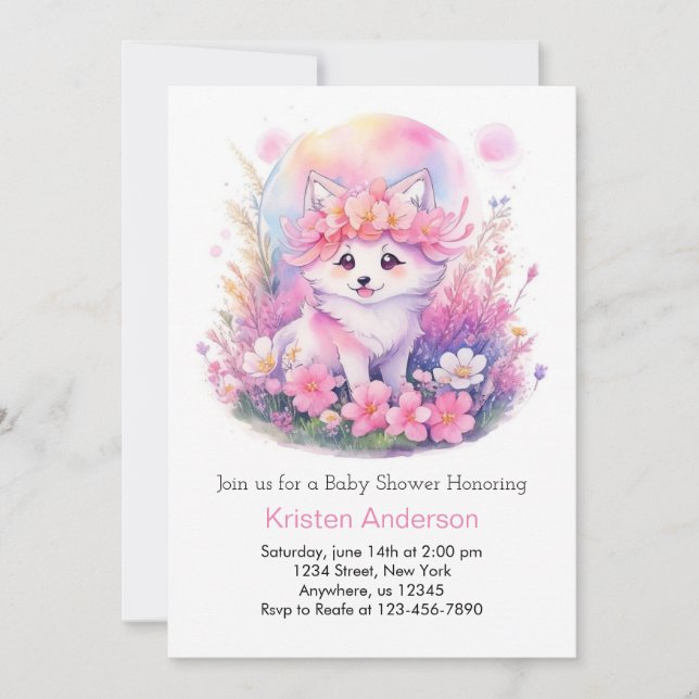 Invitación Chica Cute Pup Lobo Rosa Baby Shower (Anverso)