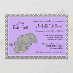 Invitación Chica Cute Purple Elephant Baby Shower