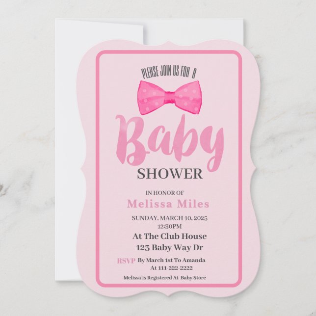 Invitación Chica Cute Rosa Bow Bebé Ducha bebé (Anverso)