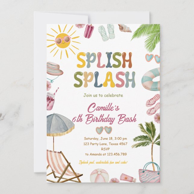 Invitación Chica Cute Splish Splash Birday Bash Pool fiesta (Anverso)