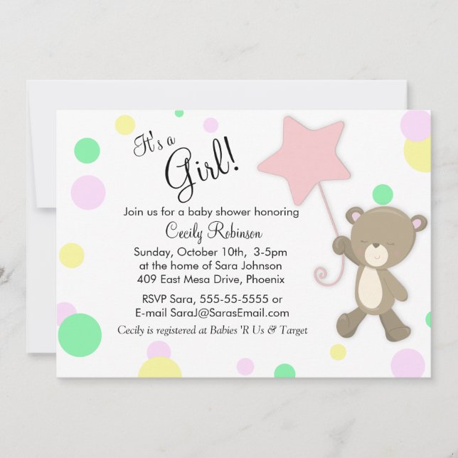 Invitación Chica Cute Teddy Bear Baby Shower (Anverso)