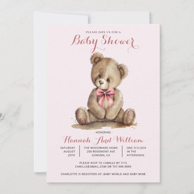 Invitación Chica Cute Teddy Bear Baby Shower rosa (Anverso)