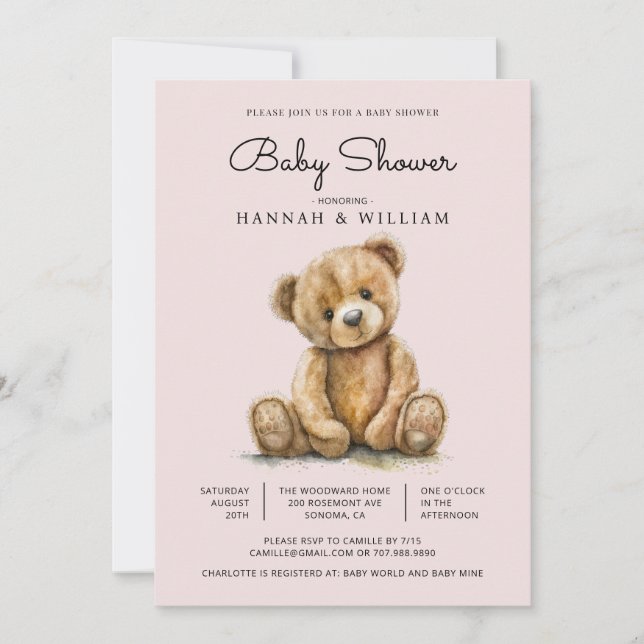 Invitación Chica Cute Teddy Bear Rubor Pink Baby Shower (Anverso)
