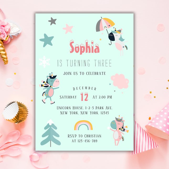 Invitación Chica Cute Unicorn Cumpleaños (Girl Unicorn Birthday Party Winter Party)