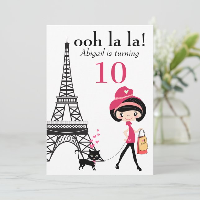 Invitación Chica Cute y Cat Paris Torre Eiffel Cumpleaños (Anverso de pie)